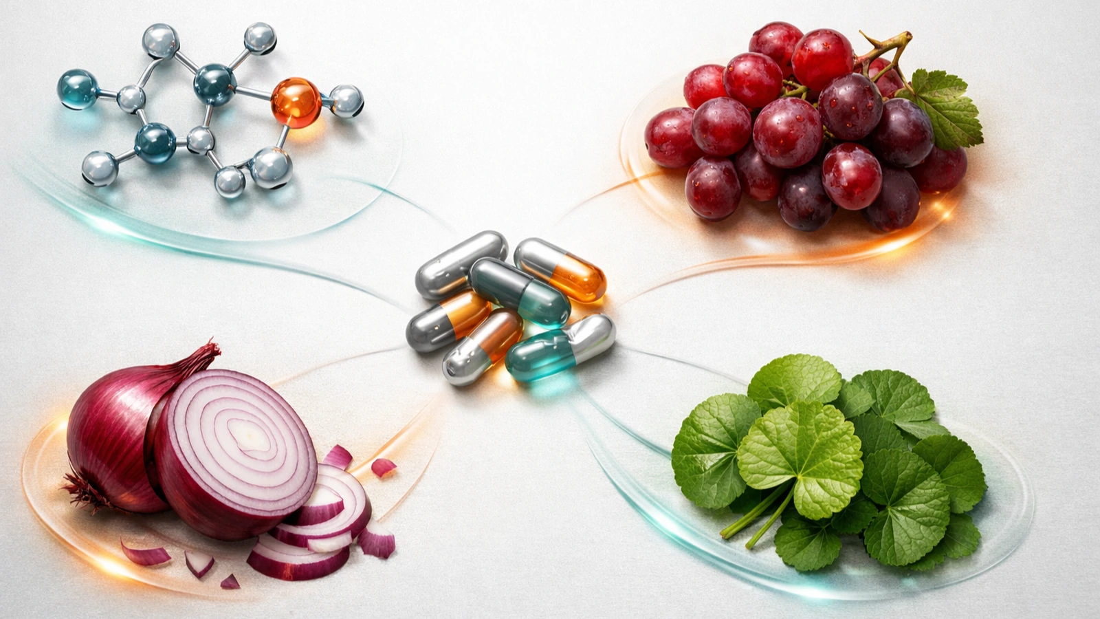 Formula overview combining NAD, resveratrol, quercetin, and gotu kola.