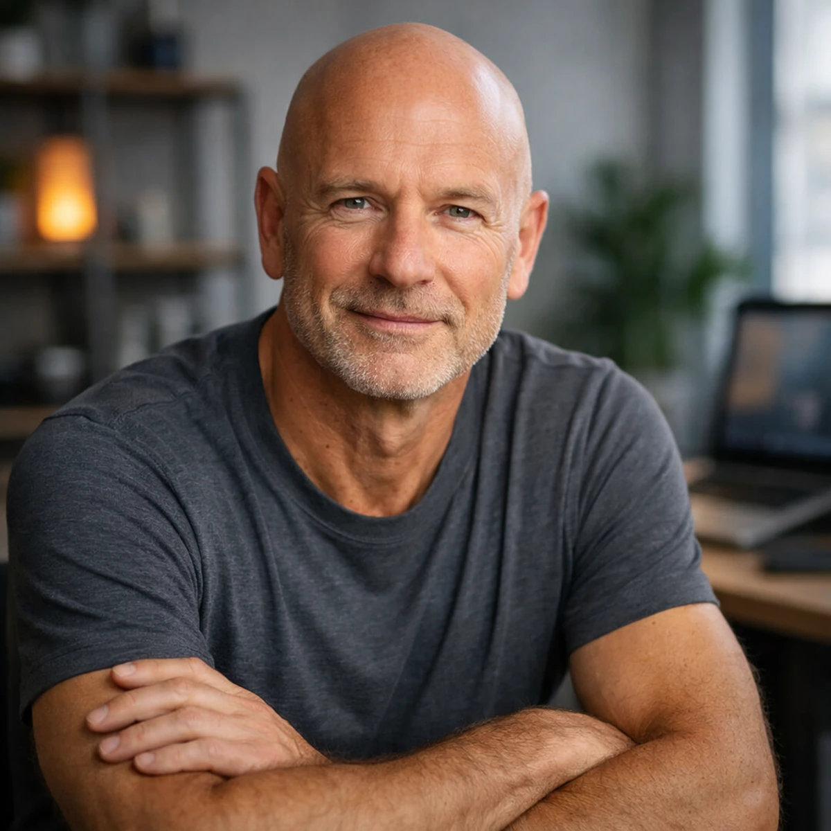 Portrait of a verified AGERESET customer in a home-office setting.